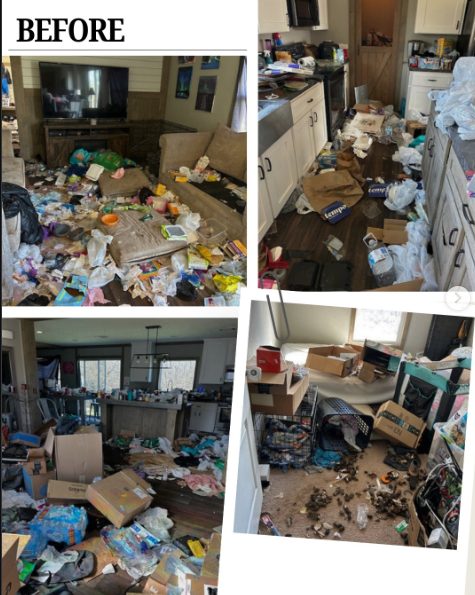 Before: cluttered living room and kitchen